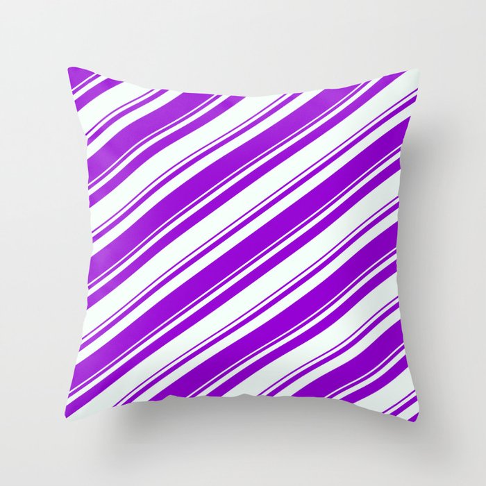 Dark Violet and Mint Cream Colored Pattern of Stripes Throw Pillow