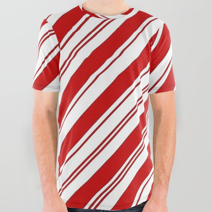 winter holiday xmas red white striped peppermint candy cane All Over Graphic Tee