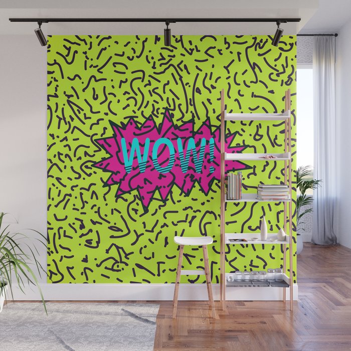 Neon Retro 80's 90's Scribbled Wow! Typography Wall Mural