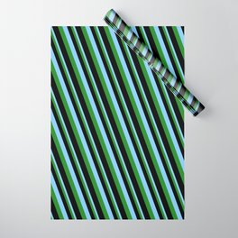 [ Thumbnail: Light Sky Blue, Forest Green & Black Colored Pattern of Stripes Wrapping Paper ]