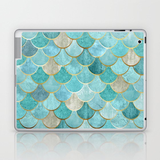 Moroccan Mermaid Fish Scale Pattern, Aqua,Teal Laptop & iPad Skin