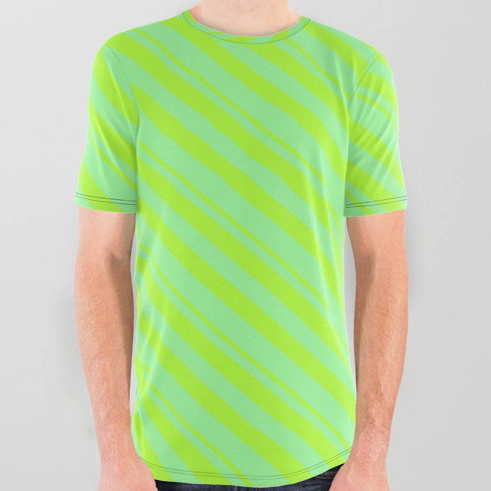 Light Green and Green Colored Stripes/Lines Pattern All Over Graphic Tee