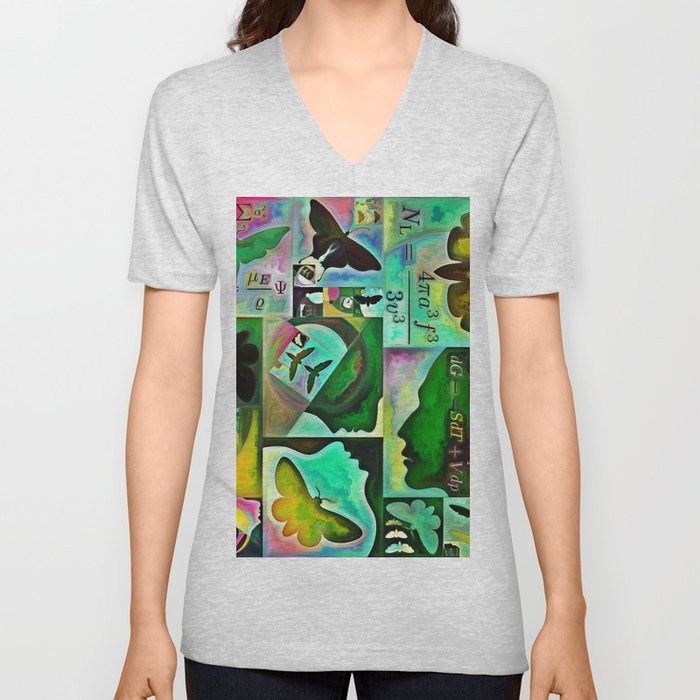 Inner Encryption series. Background of abstract organic forms, art textures and colors on subject of hidden meanings, sacred life, drama, poetry, mysticism and art. V Neck T Shirt