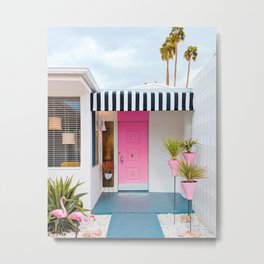 Cute Pink Door with Yard Flamingos in Palm Springs Metal Print | Tomwindeknecht, Yard Flamingos, Pink Flamingos, 1950S, Retro, Palm Trees, Photo, Vintage, Mid Century Modern, Striped Awning 