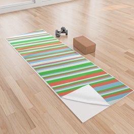 [ Thumbnail: Red, Sky Blue, Mint Cream, and Lime Green Colored Pattern of Stripes Yoga Towel ]