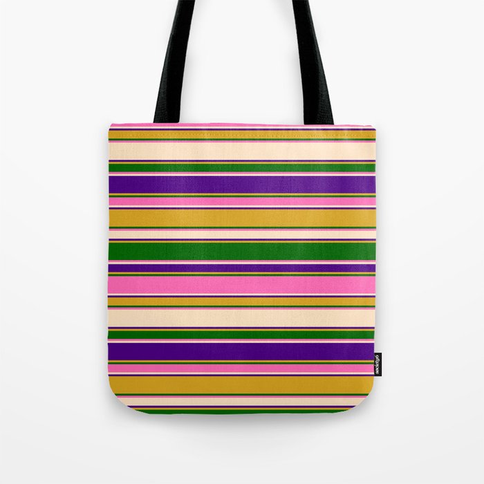 Eyecatching Goldenrod, Dark Green, Hot Pink, Bisque & Indigo Colored Striped/Lined Pattern Tote Bag