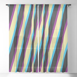 [ Thumbnail: Tan, Deep Sky Blue, Black, and Purple Colored Striped Pattern Sheer Curtain ]
