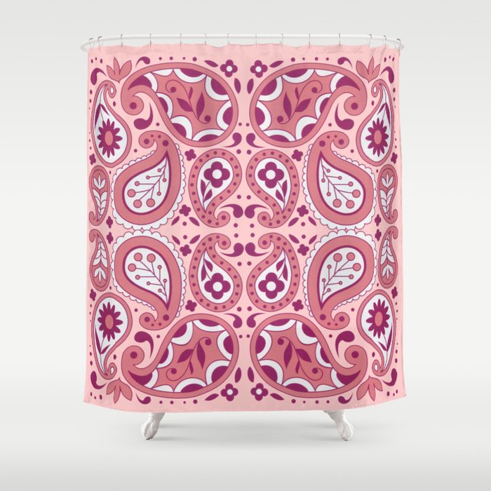Pink And White Paisley Pattern Flowers Tear Drops Abstract Design Shower Curtain By Artbymar