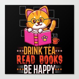 Kawaii Cat Drink Tea Read Book Reading Bookworm Canvas Print