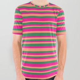 [ Thumbnail: Deep Pink, Light Salmon & Sea Green Colored Lines Pattern All Over Graphic Tee ]