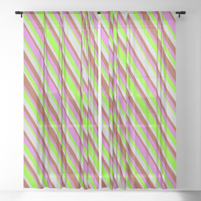 Sienna, Orchid, Green & Light Gray Colored Stripes Pattern Sheer Curtain
