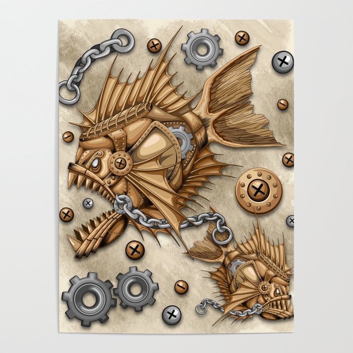 Steampunk Piranha Killer Retro Machine Poster