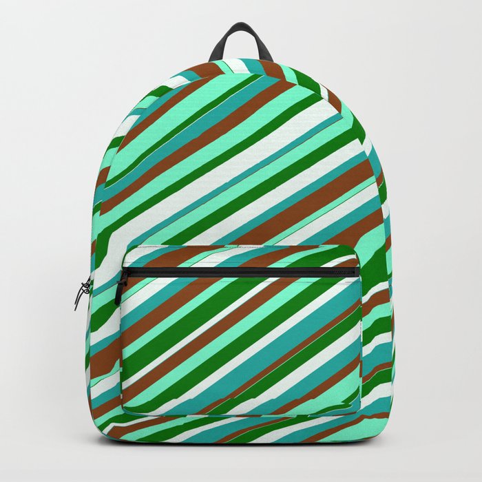 Colorful Light Sea Green, Brown, Aquamarine, Green & Mint Cream Colored Lined/Striped Pattern Backpack