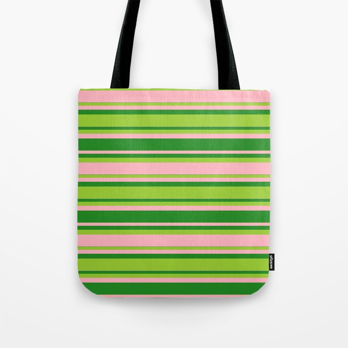 Forest Green, Green, and Light Pink Colored Lined Pattern Tote Bag