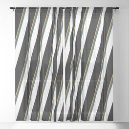 [ Thumbnail: Goldenrod, Dark Slate Gray, White, and Black Colored Striped Pattern Sheer Curtain ]