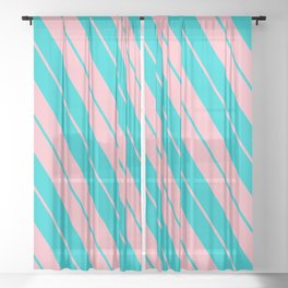 [ Thumbnail: Dark Turquoise and Light Pink Colored Striped Pattern Sheer Curtain ]