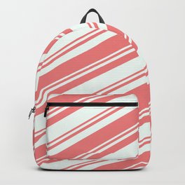 [ Thumbnail: Mint Cream & Light Coral Colored Striped/Lined Pattern Backpack ]