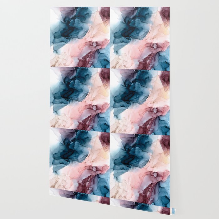 Pastel Plum Deep Blue Blush And Gold Abstract Painting Wallpaper