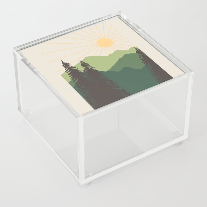 Sunny Mountain Morning in evergreen Acrylic Box