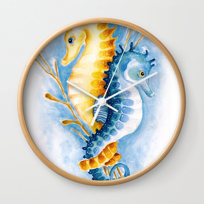 Seahorses Orange And Blue Watercolor Art Wall Clock