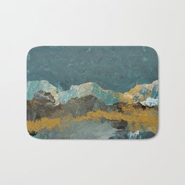 Serene Escape Bath Mat | Mountains, Abstract, Landscape, Acrylic, Gold, Painting 