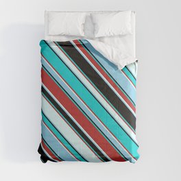 [ Thumbnail: Colorful Black, Dark Turquoise, Red, Light Cyan, and Sky Blue Colored Pattern of Stripes Comforter ]