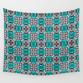 Turquoise Grey and White Repeat Tile Pattern Wall Tapestry