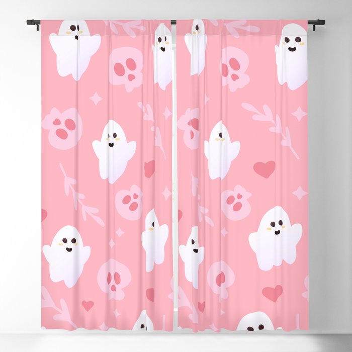 Ghost Cute Seamless Pattern in Pink Colours with Skulls, Hearts and Leaves Blackout Curtain