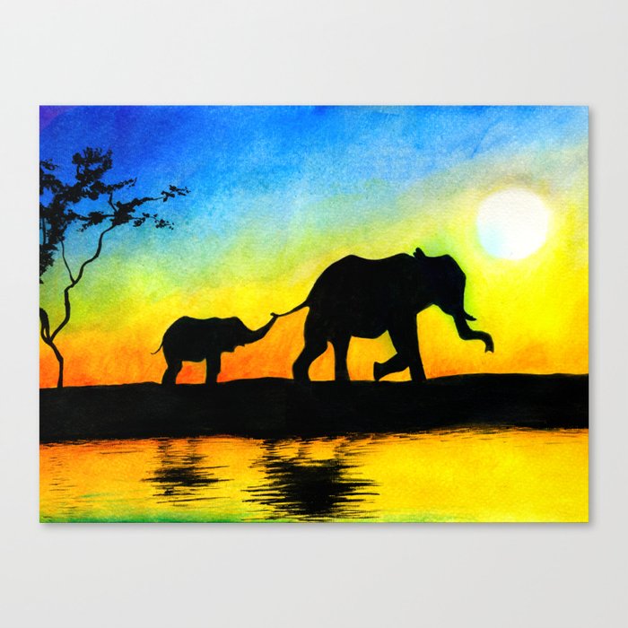 African Sunset Elephant Silhouette Canvas Print By
