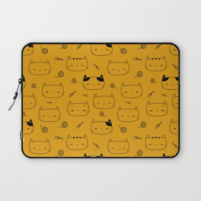 Mustard and Black Doodle Kitten Faces Pattern Laptop Sleeve