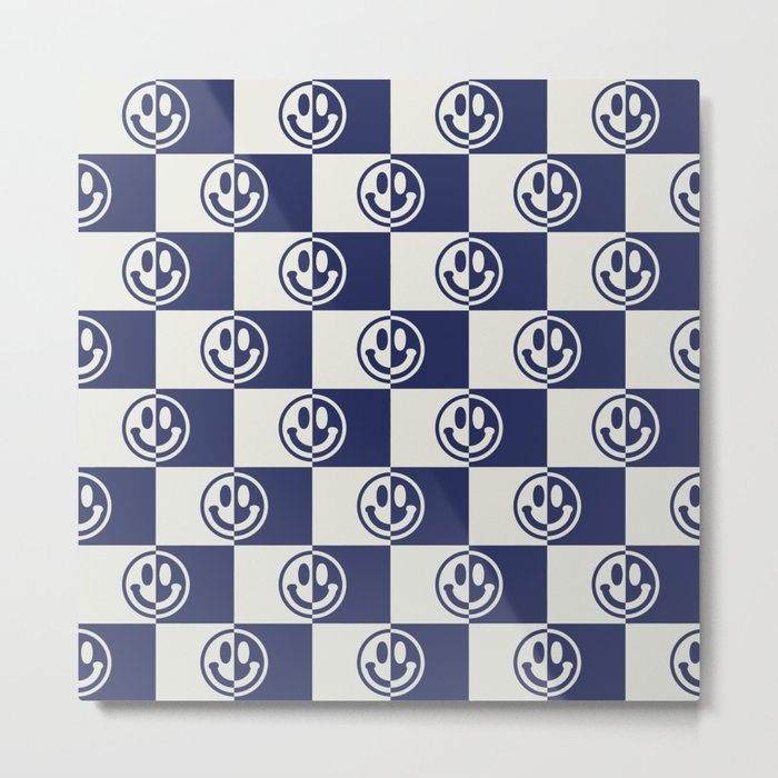 Smiley Faces On Checkerboard (Muted Beige & Dark Blue)  Metal Print