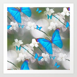 White Flowers Turquoise Blue Butterflies Summer Mood #decor #society6 #buyart Art Print