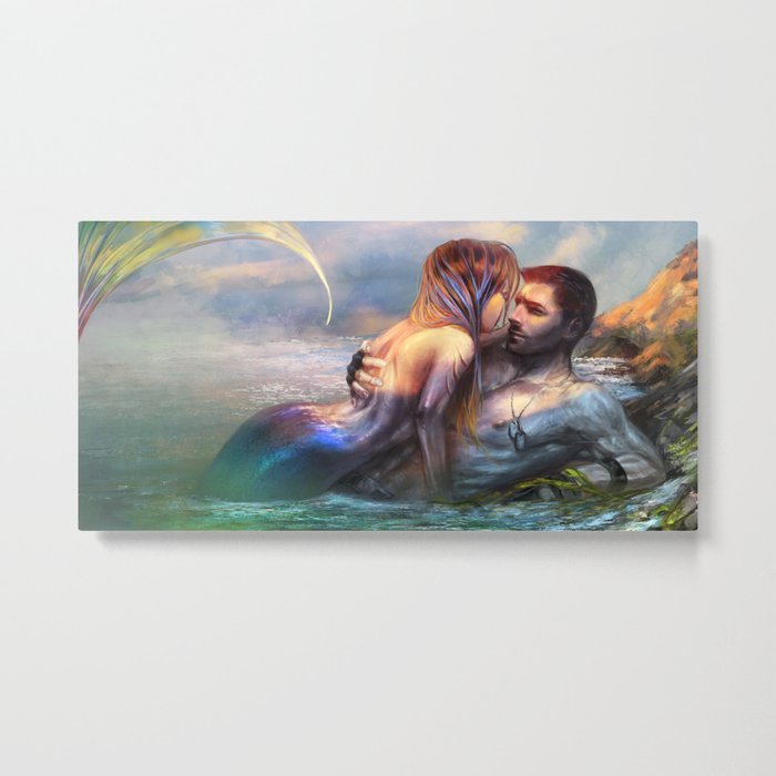 Take my breath away - Mermaid in love with soldier on the beach Metal Print