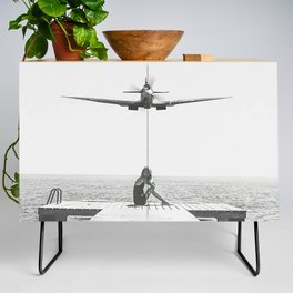 Steady As She Goes; aircraft coming in for an island landing black and white photography- photographs Credenza