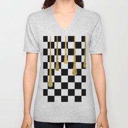 Gold Glitter Drips on Checkerboard Pattern V Neck T Shirt