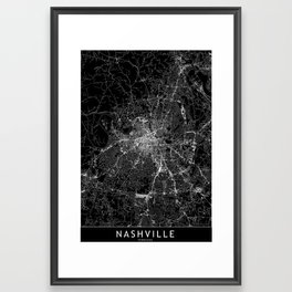 Nashville Black Map Framed Art Print | Vector, Architecture, Roadmap, Citymap, Graphicdesign, Minimal, Tennessee, Map, Black And White, Modern 