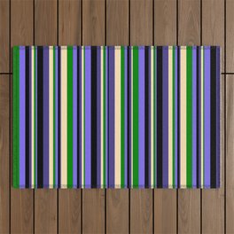 [ Thumbnail: Eyecatching Medium Slate Blue, Green, Beige, Dark Slate Blue, and Black Colored Stripes Pattern Outdoor Rug ]