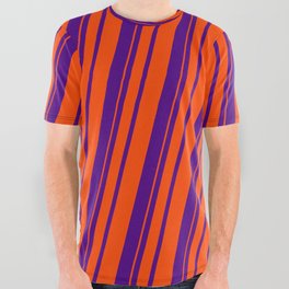 [ Thumbnail: Indigo & Red Colored Pattern of Stripes All Over Graphic Tee ]