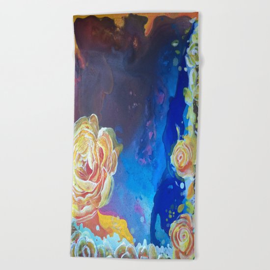 Mad Lucy's Golden Roses. Yellow Roses and Galaxy Blue. Beach Towel