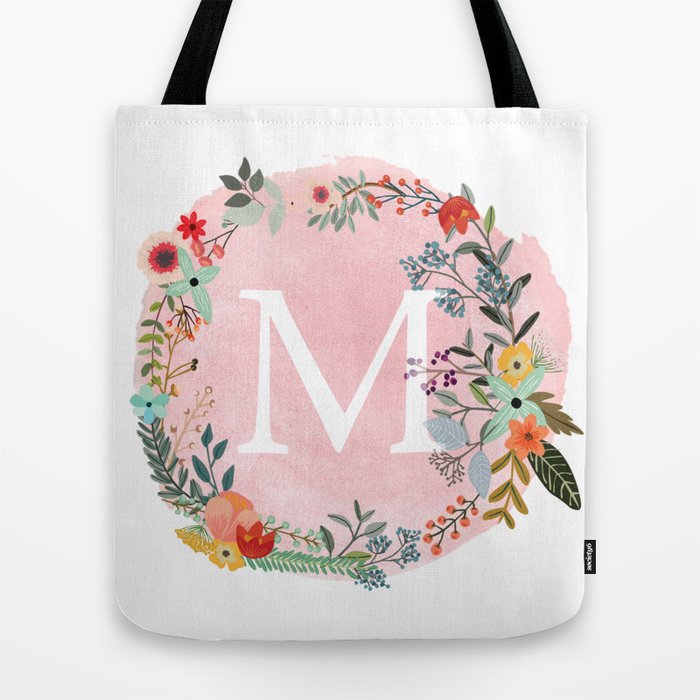 Flower Wreath With Personalized Monogram Initial Letter M On Pink Watercolor Paper Texture Artwork Tote Bag By Aba2life Society6