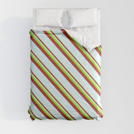 [ Thumbnail: Chartreuse, Red & Light Cyan Colored Lined/Striped Pattern Comforter ]