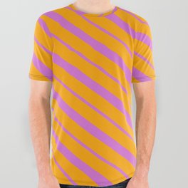 [ Thumbnail: Orange and Orchid Colored Stripes Pattern All Over Graphic Tee ]