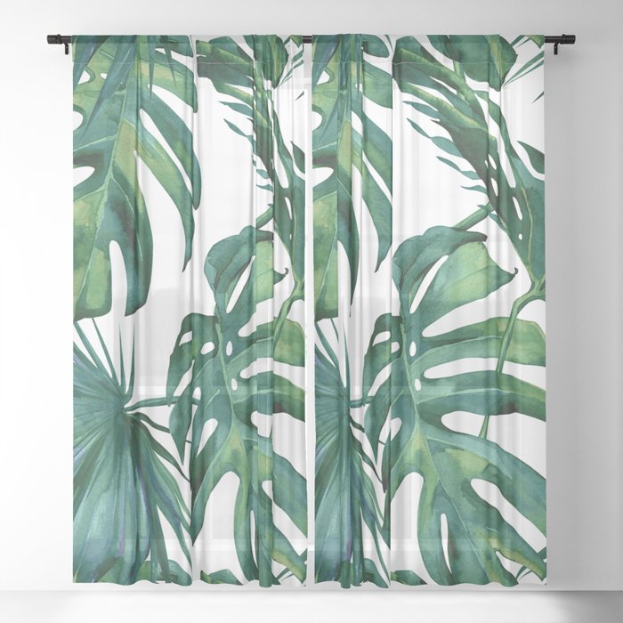 Classic Palm Leaves Tropical Jungle Green Sheer Curtain