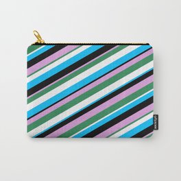 [ Thumbnail: Eyecatching Plum, Sea Green, White, Deep Sky Blue, and Black Colored Pattern of Stripes Carry-All Pouch ]