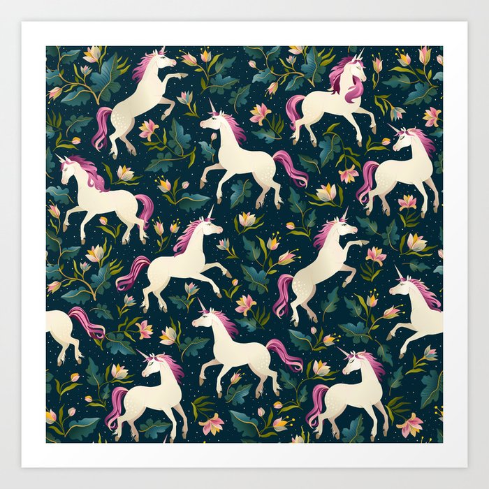 Unicorns on a dark background with a fairy forest Art Print
