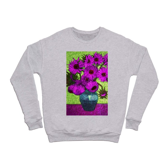 Vincent van Gogh Twelve purple sunflowers with red disk center flowers in a vase still life violet and green background portrait painting Crewneck Sweatshirt