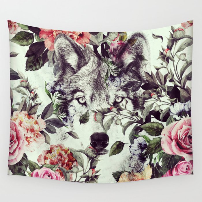 Floral Wolf Wall Tapestry
