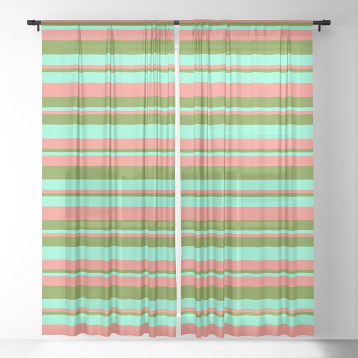 Salmon, Green & Aquamarine Colored Stripes/Lines Pattern Sheer Curtain