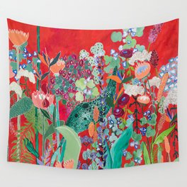 Red floral Jungle Garden Botanical featuring Proteas, Reeds, Eucalyptus, Ferns and Birds of Paradise Wall Tapestry