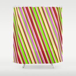 [ Thumbnail: Green, Beige, Orchid, and Red Colored Lined Pattern Shower Curtain ]